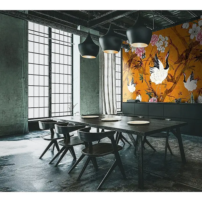 Marburg Smart Art Aspiration Fototapete Illustration VI - B x H: 2,65 mm x 270 cm, Vlies - Dunkler Holztisch mit sechs passenden Stühlen in einem modernen Esszimmer.