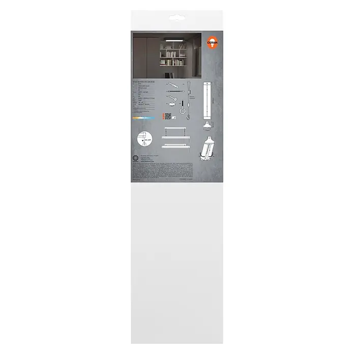 Osram LED-Deckenleuchte Office Line Double Portable - L x B x H: 60 x 11,9 x 10,22 cm, Schwarz, Kaltweiß - Osram Office Line Double Rot LED-Leuchte mit technischen Daten, Montagezubehör und Maßzeichnungen, über einem Bücherregal installiert.