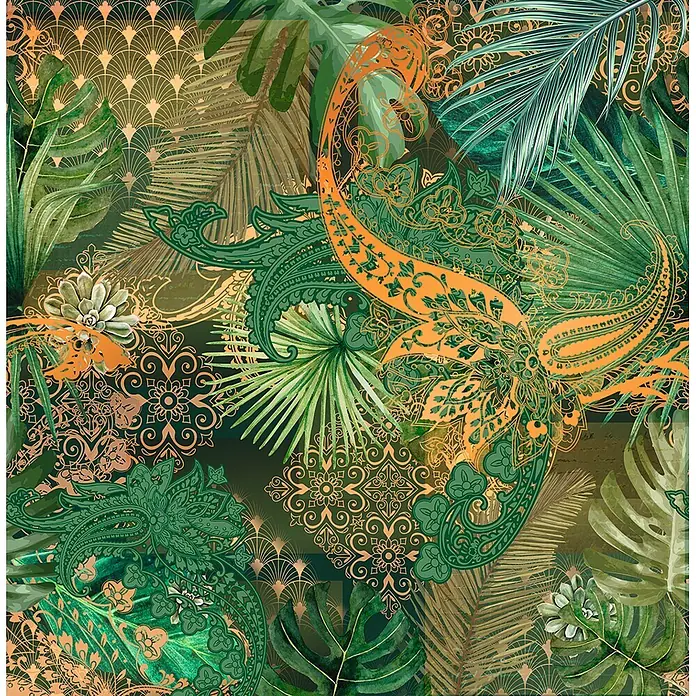 Marburg Smart Art Aspiration Fototapete Floral IV - B x H: 2,65 mm x 270 cm, Vlies - Lebhaftes tropisches Muster mit grünen Blättern, goldenem Paisley und orangefarbenen Akzenten, ideal für Textilien oder Tapeten.