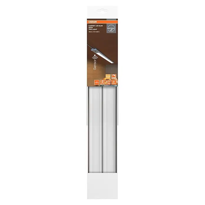Osram Linear LED-Unterbauleuchte Cabinet Slim - Lichtfarbe: Warmweiß, 220 V - 240 V - Eine Osram schlanke LED-Schrankleuchte, 50cm, unter einem Holzschrank montiert, bietet warmes, dimmbares Licht und Sensorfunktion.