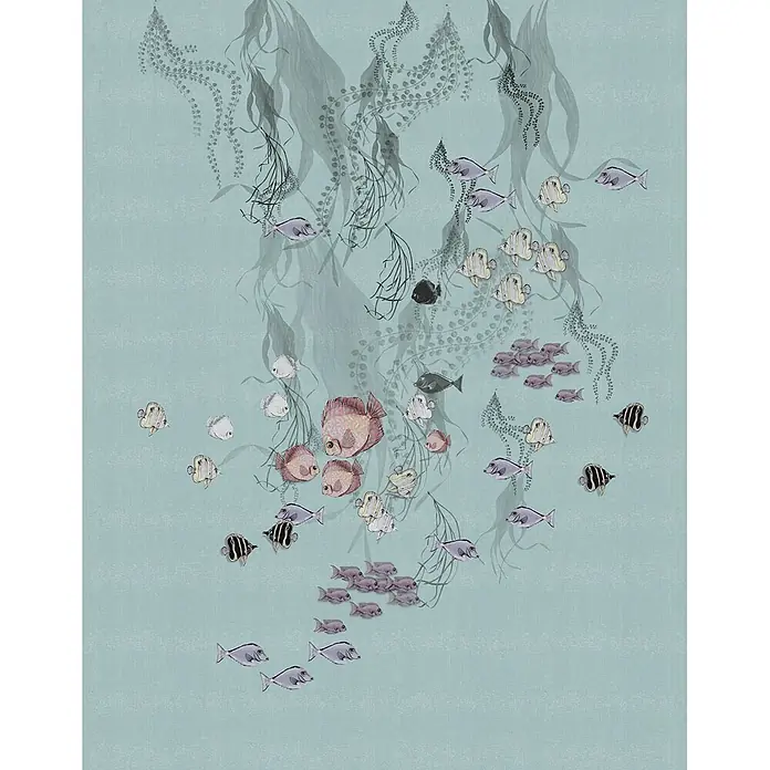Marburg Smart Art Aspiration Fototapete Illustration - B x H: 212 x 270 cm, Vlies, Grün-Blau - Aquatisches Muster mit Schwärmen farbiger Fische und fließendem Seetang auf hellblauem Hintergrund.