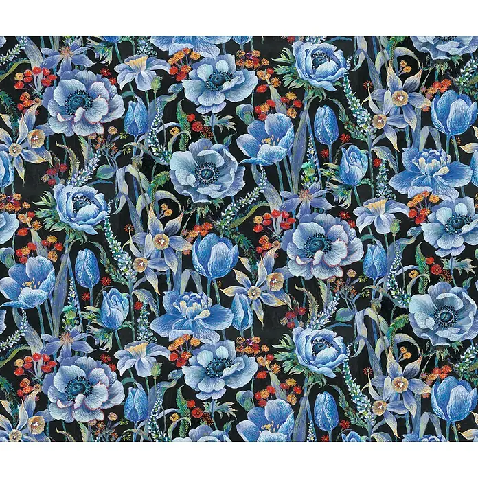 Marburg Smart Art Aspiration Fototapete Floral Design - B x H: 318 x 270 cm, Vlies - Nahtloses Blumenmuster mit blauen Anemonen, Tulpen und Narzissen, akzentuiert mit roten Beeren und grünem Laub auf dunklem Hintergrund.