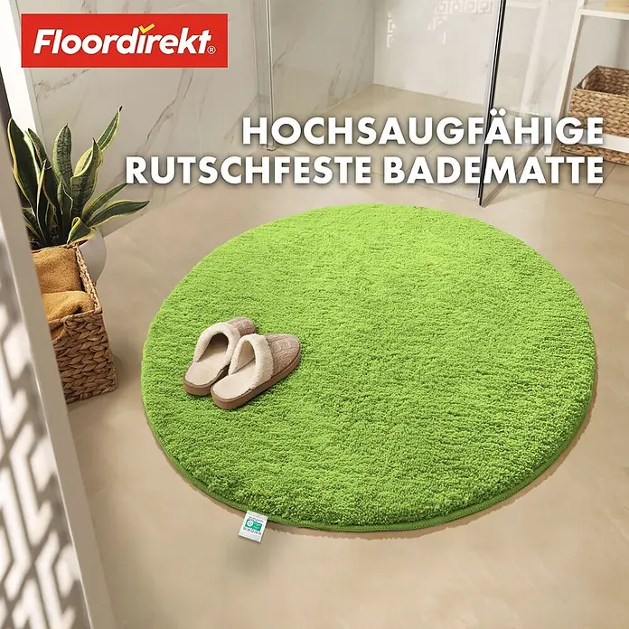 Floordirekt Badteppich Sky - 95 x 95 cm, Apfelgrün, 100% Polyester - Runde, flauschige grüne Badematte, hochsaugfähig und rutschfest, mit Hausschuhen in einem modernen Badezimmer.
