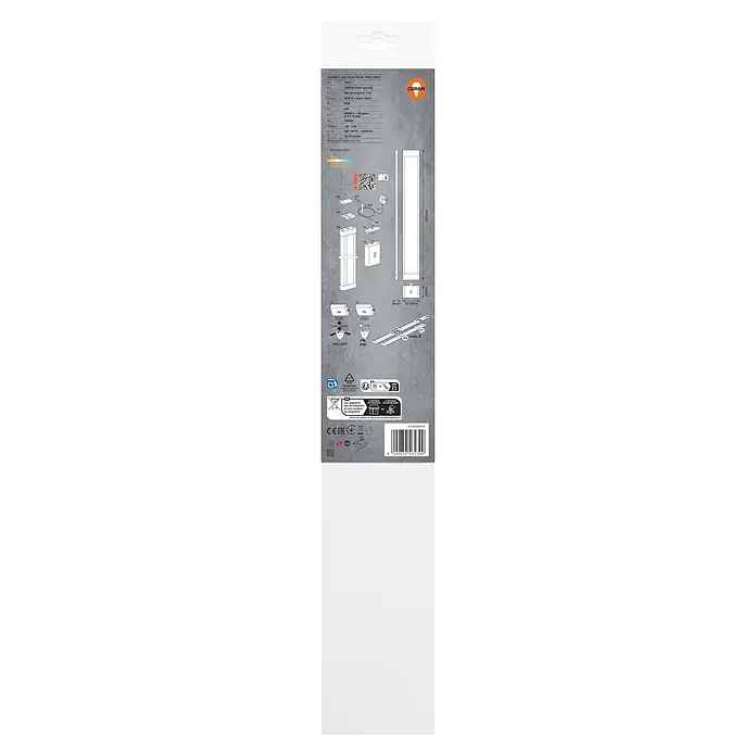 Osram Linear LED-Unterbauleuchte Cabinet Slim - Lichtfarbe: Warmweiß, 220 V - 240 V - Verpackung der Osram LED Slim Unterschrankleuchte, zeigt Spezifikationen (18W, 3000K warmweiß, 50cm) und Installationsanleitungen.