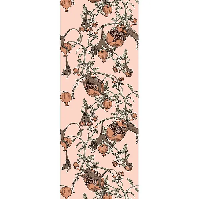 Marburg Smart Art Aspiration Fototapete Illustration III - B x H: 106 x 270 cm, Vlies, Rosa-Orange - Rapportmuster mit Affen, Granatäpfeln und Blättern auf hellrosa Hintergrund.