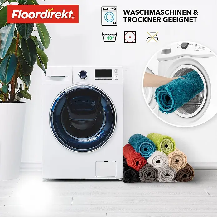 Floordirekt Badteppich Sky - 95 x 95 cm, Apfelgrün, 100% Polyester - Gerollte farbige Badematten, mit Waschmaschinen- und Trockner-Eignungssymbolen gezeigt. Eine Matte wird in eine Waschmaschine geladen.