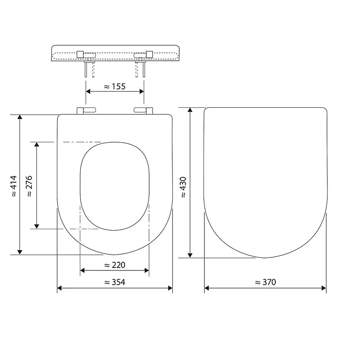 SCHÖNER WOHNEN-Kollektion WC-Sitz Antus Wrap Soft Close Weiß - Duroplast, Weiß, Mit Absenkautomatik - Detaillierte Zeichnung eines weißen Toilettensitzes mit Längen-, Breiten- und Scharniermaßen.