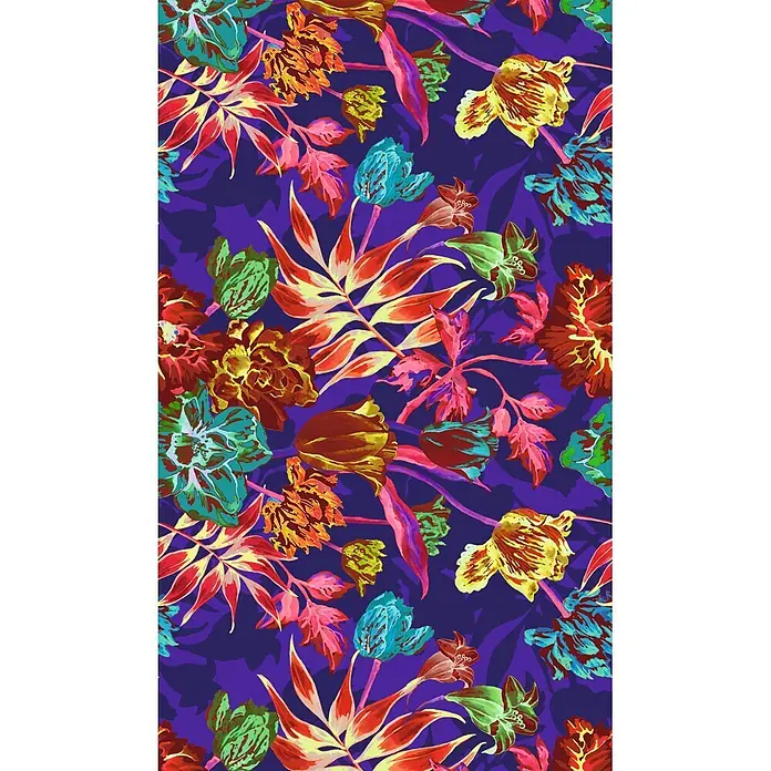 Marburg Smart Art Aspiration Fototapete Floral - B x H: 159 mm x 270 cm, Vlies - Lebhaftes tropisches Blumenmuster mit bunten Blüten und Blättern auf dunkelviolettem Grund.