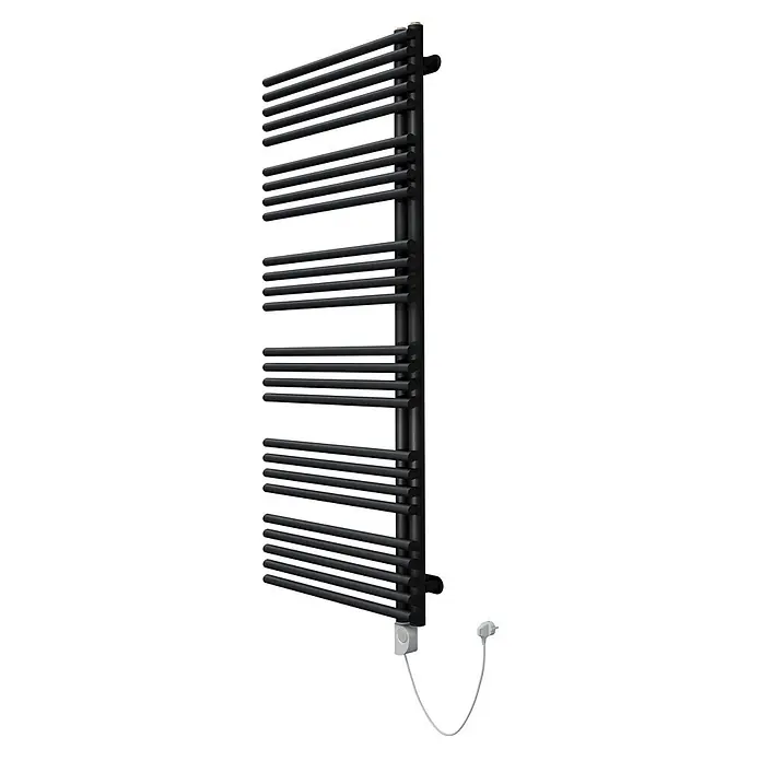 SCHÖNER WOHNEN-Kollektion Elektro-Badheizkörper Celia 60 x 151 Mattschwarz Heizstab 5 R - B x H: 600 x 1.510 mm, Ausstattung Heizkörper: Heizstab - Schwarzer elektrischer Handtuchheizkörper mit horizontalen Stangen und Netzkabel mit Stecker.