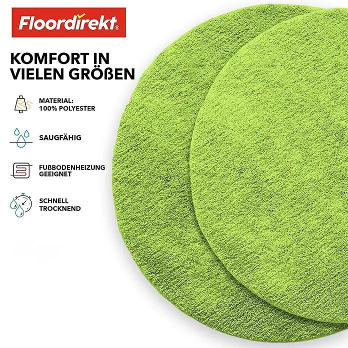 Floordirekt Badteppich Sky - 95 x 95 cm, Apfelgrün, 100% Polyester - Zwei runde, limettengrüne Polyestermatt**e**n, weich, saugfähig, fußbodenheizungsgeeignet und schnell trocknend.