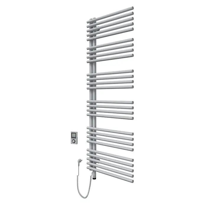 SCHÖNER WOHNEN-Kollektion Elektro-Badheizkörper Celia 60 x 151 Weiß Heizstab 5 - B x H: 600 x 1.510 mm, Ausstattung Heizkörper: Heizstab - Grauer elektrischer Handtuchheizkörper mit mehreren horizontalen Stangen, digitaler Steuereinheit und Spiralkabel.