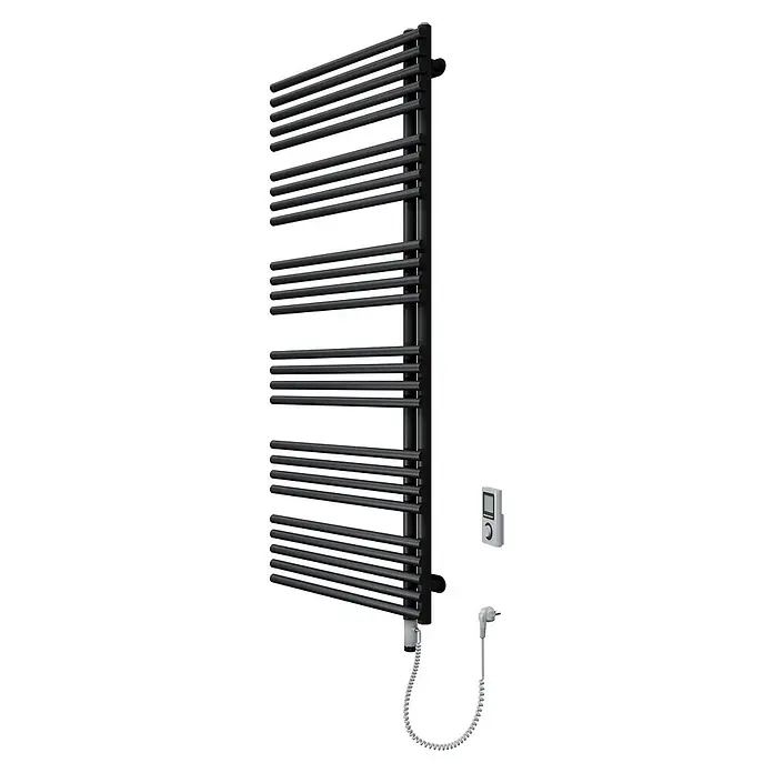 SCHÖNER WOHNEN-Kollektion Elektro-Badheizkörper Celia 60 x 151 Mattschwarz Heizstab 3 R - B x H: 600 x 1.510 mm, Ausstattung Heizkörper: Heizstab - Schwarzer elektrischer Handtuchwärmer mit Querstreben, Digitalthermostat und Spiralkabel.