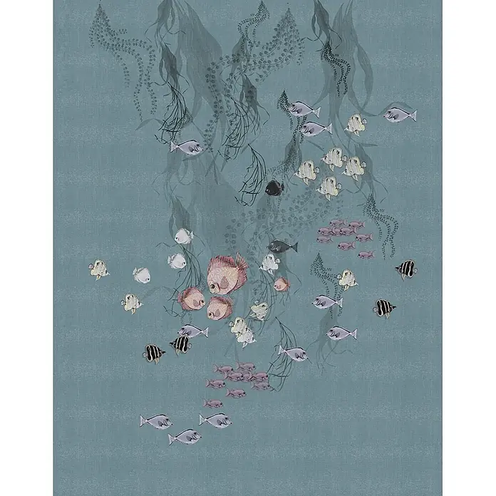 Marburg Smart Art Aspiration Fototapete Illustration - B x H: 212 x 270 cm, Vlies, Blau - Wassertapete mit Schwärmen bunter Fische und dunklem Seegras auf strukturiertem blaugrünem Grund, die eine Unterwasserwelt darstellt.