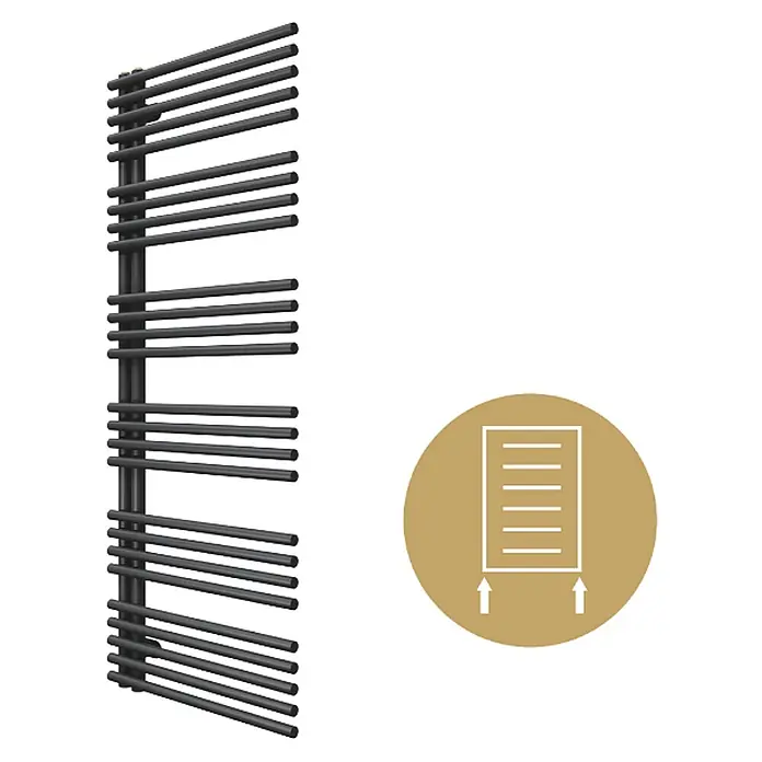 SCHÖNER WOHNEN-Kollektion Designheizkörper Celia 60 x 151 Mattschwarz - Mattschwarz - Dunkelgrauer vertikaler Handtuchheizkörper mit Querstreben, geeignet für Bodenanschluss.