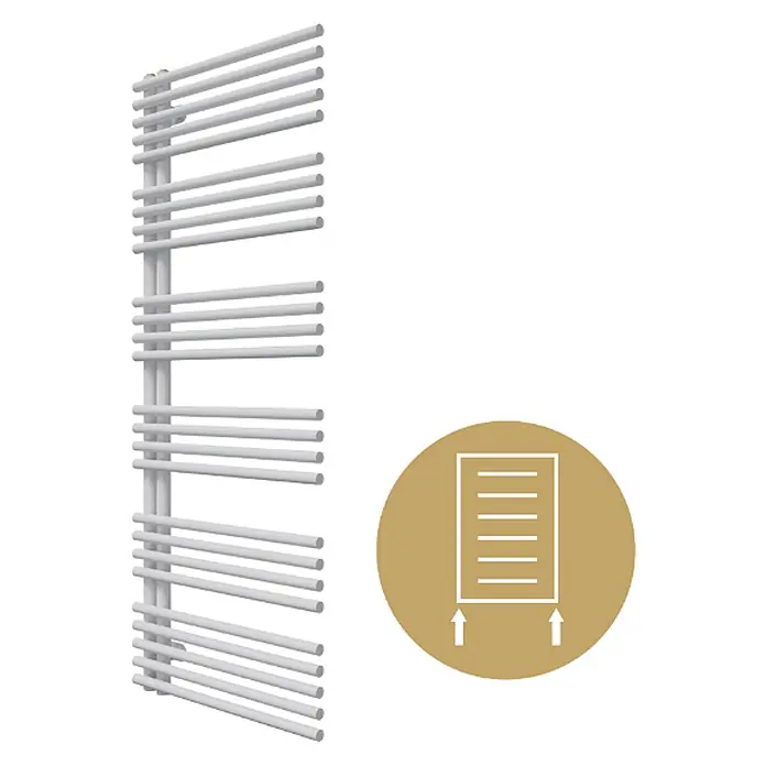 SCHÖNER WOHNEN-Kollektion Designheizkörper Celia 60 x 151 Weiß - B x H: 600 x 1.510 mm, Weiß - Weißer Handtuchheizkörper mit horizontalen Stangen, mit unterem Anschluss dargestellt.