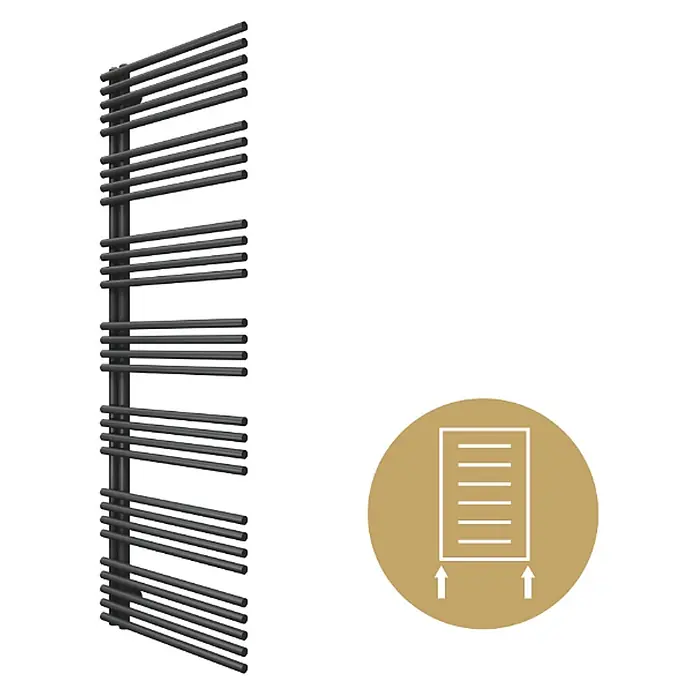 SCHÖNER WOHNEN-Kollektion Designheizkörper Celia 60 x 174 Mattschwarz - Mattschwarz - Dunkelgrauer Handtuchheizkörper mit horizontalen Stangen, gezeigt mit einem Symbol für den unteren Anschluss.
