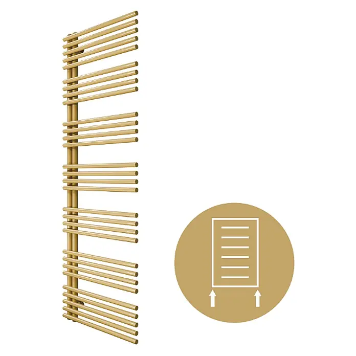 SCHÖNER WOHNEN-Kollektion Designheizkörper Celia 60 x 174 Mattgold - Mattgold - Goldener vertikaler Handtuchheizkörper mit horizontalen Stäben und Symbol für unteren Anschluss.
