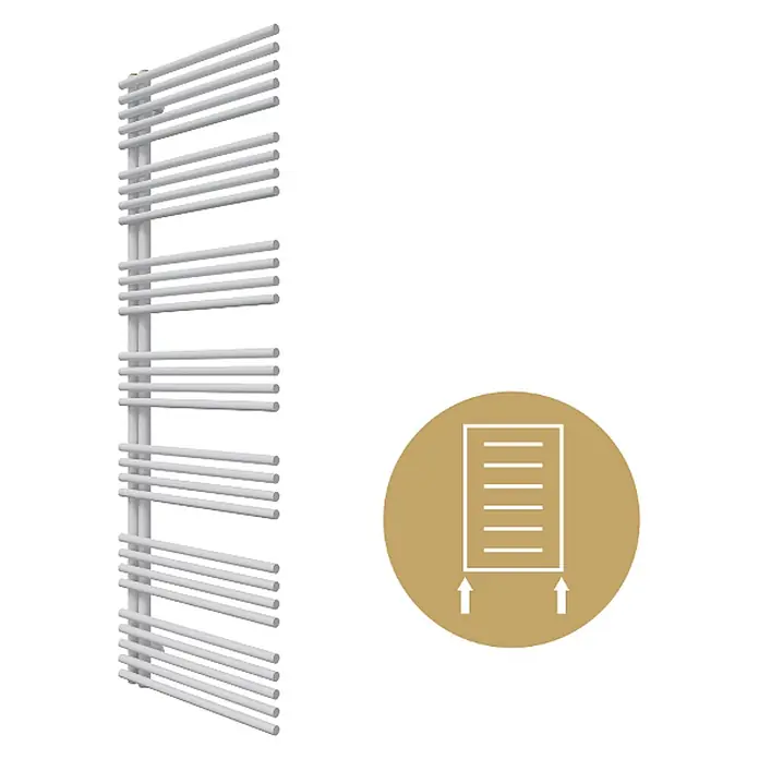 SCHÖNER WOHNEN-Kollektion Designheizkörper Celia 60 x 174 Weiß - Weiß - Weißer, vertikal montierter Handtuchwärmer mit Querstäben und Anschlussdiagramm unten.