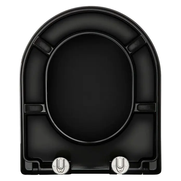 SCHÖNER WOHNEN-Kollektion WC-Sitz Antus Wrap Soft Close Mattschwarz - Duroplast, Mattschwarz, Mit Absenkautomatik - Unterseite eines schwarzen, geformten Kunststoff-Toilettensitzes mit Metallscharnieren.