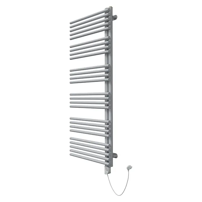 SCHÖNER WOHNEN-Kollektion Elektro-Badheizkörper Celia 60 x 151 Weiß 600W - Ausstattung Heizkörper: Heizstab - Grauer elektrischer Handtuchheizkörper mit horizontalen Stäben, Bedienteil und Netzkabel.
