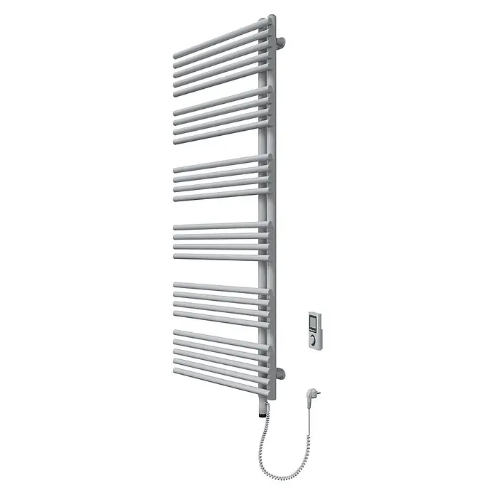 SCHÖNER WOHNEN-Kollektion Elektro-Badheizkörper Celia 60 x 151 Weiß Heizstab 5 600W - B x H: 600 x 1.510 mm, Ausstattung Heizkörper: Heizstab - Hellgrauer elektrischer Handtuchwärmer mit horizontalen Stäben, digitalem Thermostat und Spiralkabel.