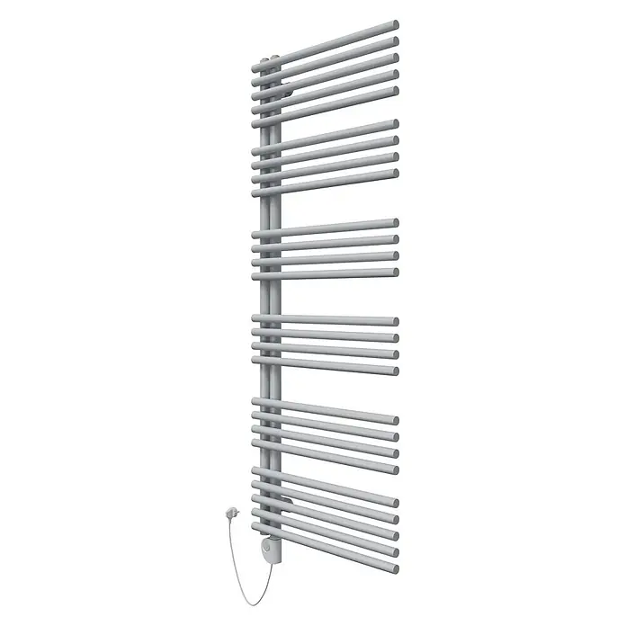 SCHÖNER WOHNEN-Kollektion Designheizkörper Celia 60 x 151 Weiß Heizstab 3 - B x H: 600 x 1.510 mm, Weiß - Hellgrauer elektrischer Handtuchwärmer mit Querstreben und Netzkabel.