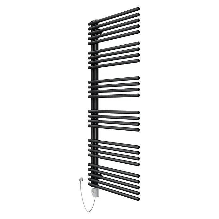 SCHÖNER WOHNEN-Kollektion Designheizkörper Celia 60 x 151 Mattschwarz Heizstab 3 L - B x H: 600 x 1.510 mm, Mattschwarz - Schwarzer elektrischer Handtuchheizkörper mit Querstreben und weißem Stecker.