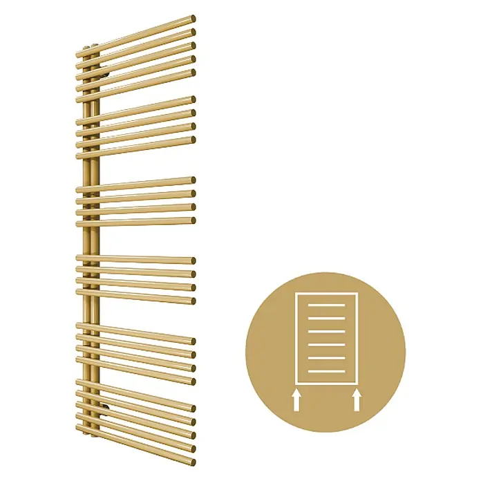 SCHÖNER WOHNEN-Kollektion Designheizkörper Celia 60 x 151 Mattgold - Mattgold - Goldfarbener Handtuchheizkörper mit horizontalen Stangen und vertikalen Rohren, mit unterem Anschluss.