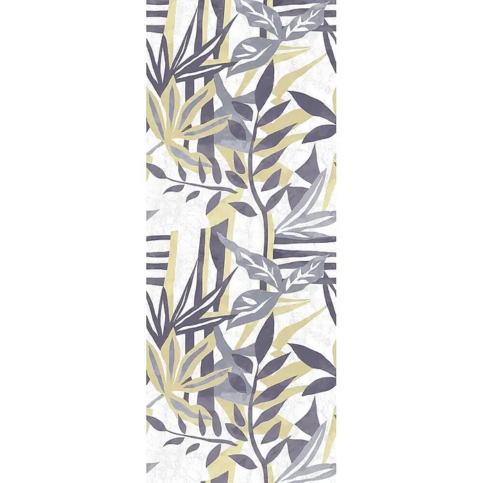 Marburg Fototapete Flower Illustration - B x H: 106 x 270 cm, Vlies, Weiß-Grau - Nahtloses abstraktes Blumenmuster in Grau, Violett und Hellgelb mit Blättern und Streifen.