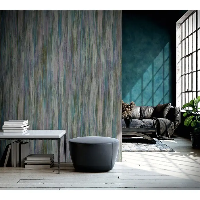 Marburg Smart Art Aspiration Fototapete Streifen - B x H: 106 x 270 cm, Vlies, Grün-Blau - Texturierte Wand mit vertikalem, mehrfarbigem Streifenmuster in modernem Raum.