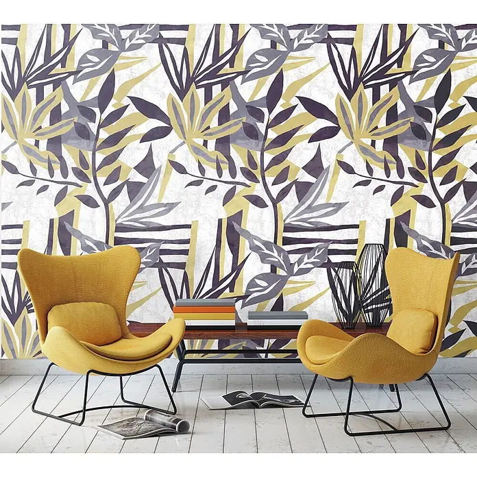 Marburg Fototapete Flower Illustration - B x H: 106 x 270 cm, Vlies, Weiß-Grau - Abstrakte botanische Tapete in Violett, Gelb und Grau, die ein modernes Wohnzimmer schmückt.