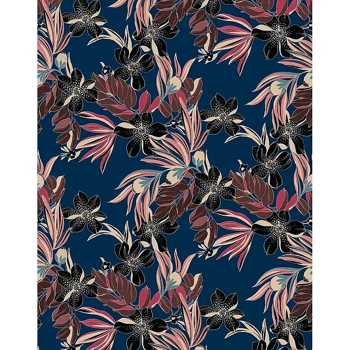 Marburg Smart Art Aspiration Fototapete Floral II - B x H: 212 x 270 cm, Vlies, Blau-Braun - Nahtloses Blumenmuster auf Dunkelblau mit stilisierten schwarzen, beigen, braunen, roten und blauen Blüten und Blättern.