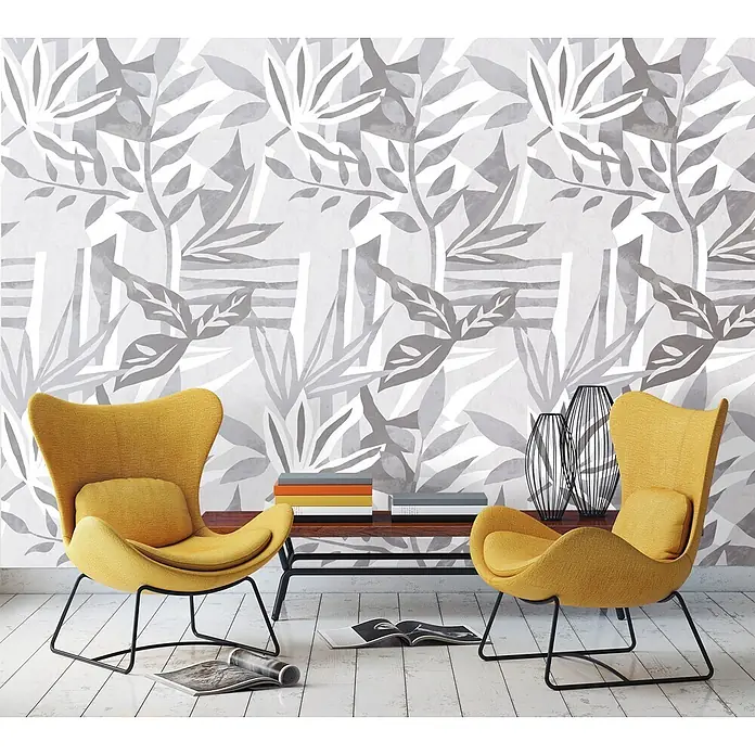 Marburg Fototapete Flower Illustration - B x H: 106 x 270 cm, Vlies, Grau - Grau-weiße Tapete mit abstraktem Blättermuster im Scherenschnitt-Stil, die ein modernes Wohnzimmer mit gelben Stühlen schmückt.