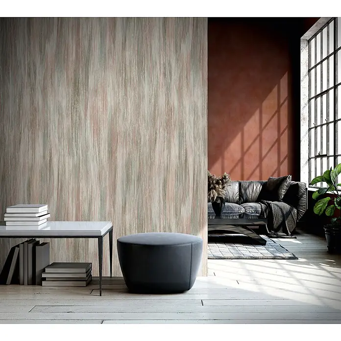 Marburg Smart Art Aspiration Fototapete Streifen - B x H: 106 x 270 cm, Vlies, Grün-Beige - Texturierte Wandverkleidung mit vertikalen Mustern in Grau, Rosé und Salbei, als Raumteiler in modernem Wohnzimmer.