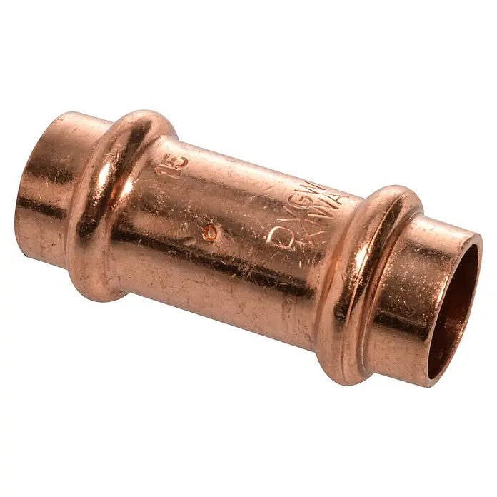 Kupfer-Pressmuffe - Durchmesser: 15 mm, Presskontur: V - Eine Kupfer-Pressverbindung, ein Rohrverbindungsstück für Sanitär- und Heizungsinstallationen, ideal für schnelle, sichere Installationen.