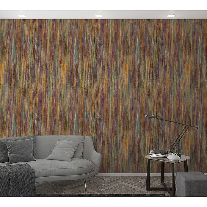 Marburg Smart Art Aspiration Fototapete Streifen - B x H: 106 x 270 cm, Vlies, Lila-Orange - Mehrfarbige abstrakte Tapete mit vertikalen Streifen in Lila, Gold, Orange und Grün an einer Wand.