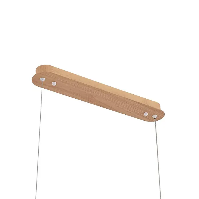 Lucande Pendelleuchte Maruta - L x B x H: 120 x 7 x 3,3 cm, Holz hell, helles Holz - Längliche, hellbraune Deckenbefestigung aus Holz mit zwei hängenden Silberkabeln.