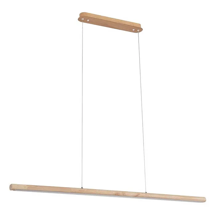 Lucande Pendelleuchte Maruta - L x B x H: 120 x 7 x 3,3 cm, Holz hell, helles Holz - Lineare LED-Pendelleuchte aus hellem Holz, an zwei dünnen Drähten von einer passenden Deckenhalterung abgehängt.
