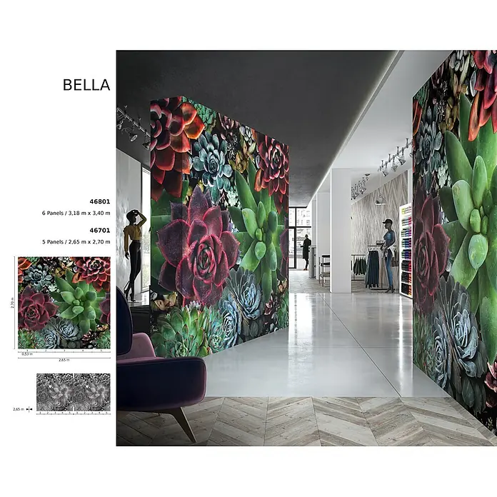 Marburg Smart Art Aspiration Fototapete Floral III - B x H: 318 x 340 cm, Vlies - Großformatige Fototapete 'Bella' mit einem detaillierten, farbenfrohen Sukkulentenmuster, als beeindruckender Raumteiler in einem Geschäft.