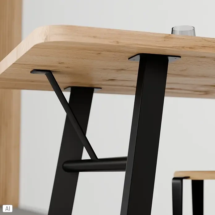 Walteco Tischbein Framy - L x B x H: 72,8 x 22,3 x 72 cm, Schwarz - Moderner Tisch mit heller Holzplatte und robusten schwarzen Metallbeinen und Querstreben. Ein Glas steht darauf.