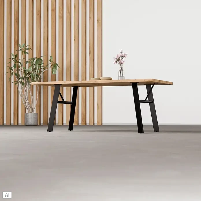 Walteco Tischbein Framy - L x B x H: 72,8 x 22,3 x 72 cm, Schwarz - Heller Holztisch mit schwarzen Metall-A-Beinen in einem modernen Raum mit Pflanze und Deko.
