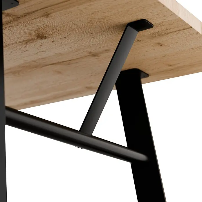 Walteco Tischbein Framy - L x B x H: 72,8 x 22,3 x 72 cm, Schwarz - Unterseite einer hellen Holzplatte mit schwarzen Metall-A-förmigen Beinen und Querstrebe.