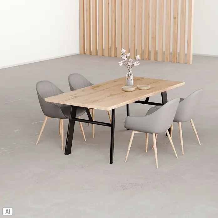 Walteco Tischbein Framy - L x B x H: 72,8 x 22,3 x 72 cm, Schwarz - Esstisch aus hellem Holz mit schwarzen Beinen und vier grauen Polsterstühlen in einem modernen Raum.