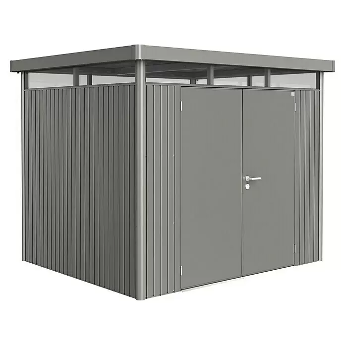 Biohort HighLine Gerätehaus HighLine H2 - Quarzgrau, Doppeltür, Außenbreite inkl. Dachüberstand: 275 cm, Außentiefe inkl. Dachüberstand: 195 cm, Stahl - Diagonale Ansicht