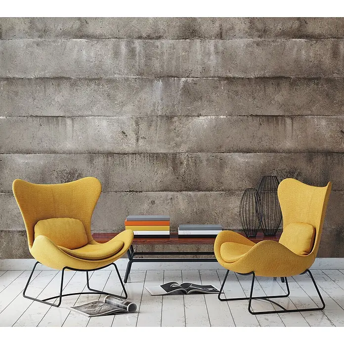 Marburg Smart Art Aspiration Fototapete Steinoptik - B x H: 212 x 270 cm, Vlies - Zwei gelbe Stoff-Sessel mit schwarzen Gestellen in einem modernen Interieur.
