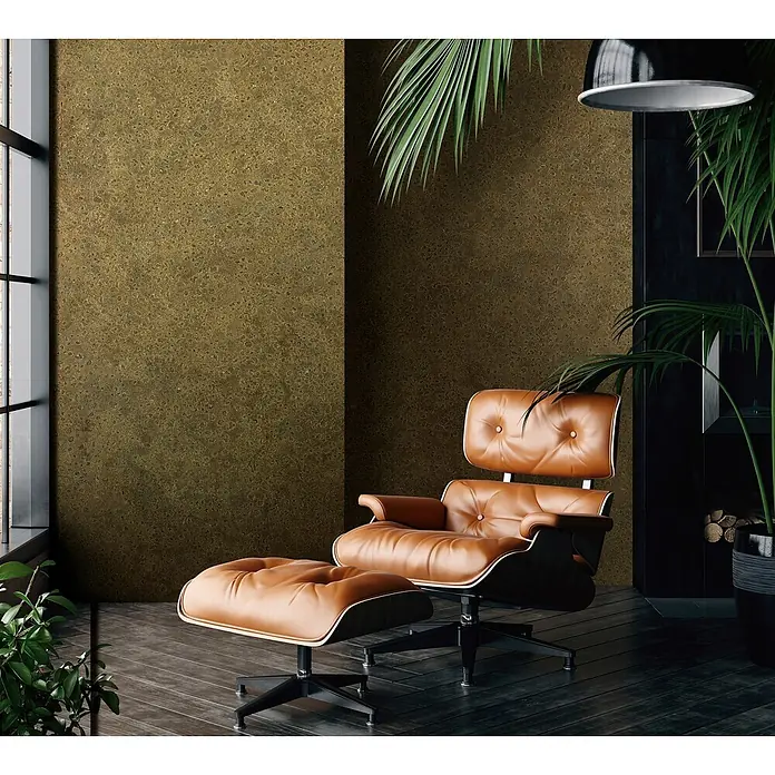 Marburg Smart Art Aspiration Fototapete Struktur II - B x H: 212 x 270 cm, Vlies - Brauner Leder Eames Lounge Chair mit Ottoman in einem modernen Wohnraum.