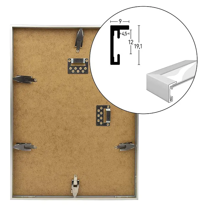 Accent Alurahmen Puzzle Frame - 50 x 70 cm, Schwarz - Weißer Bilderrahmen (Rückansicht) mit brauner Rückwand, Metallklammern und Aufhängern. Technische Zeichnung zeigt Rahmenprofilquerschnitt mit Maßen.