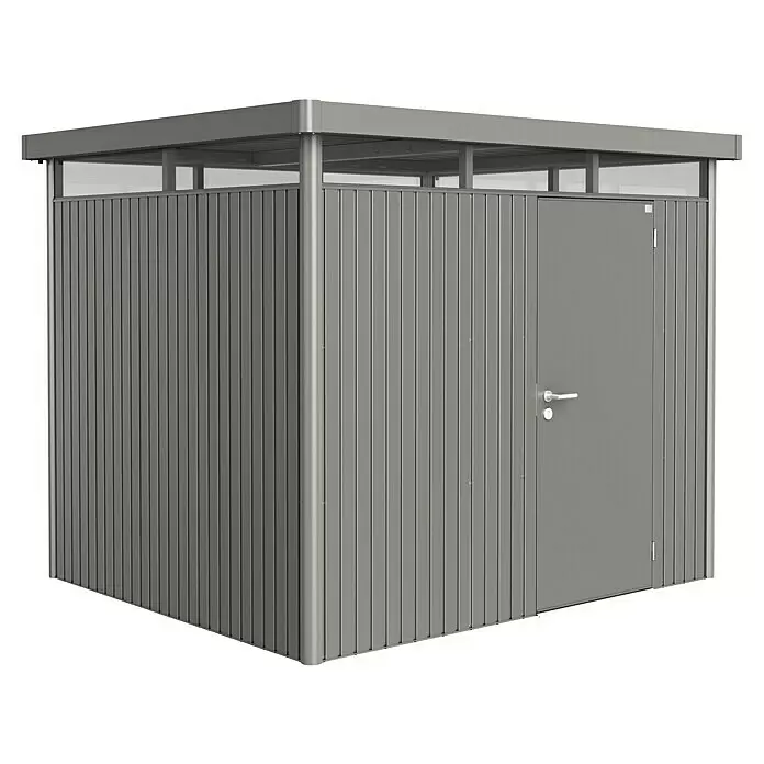 Biohort HighLine Gerätehaus HighLine H3 - Quarzgrau Metallic, Einzeltür, Außentiefe inkl. Dachüberstand: 235 cm, Außenbreite inkl. Dachüberstand: 275 cm, Stahl - Diagonale Ansicht