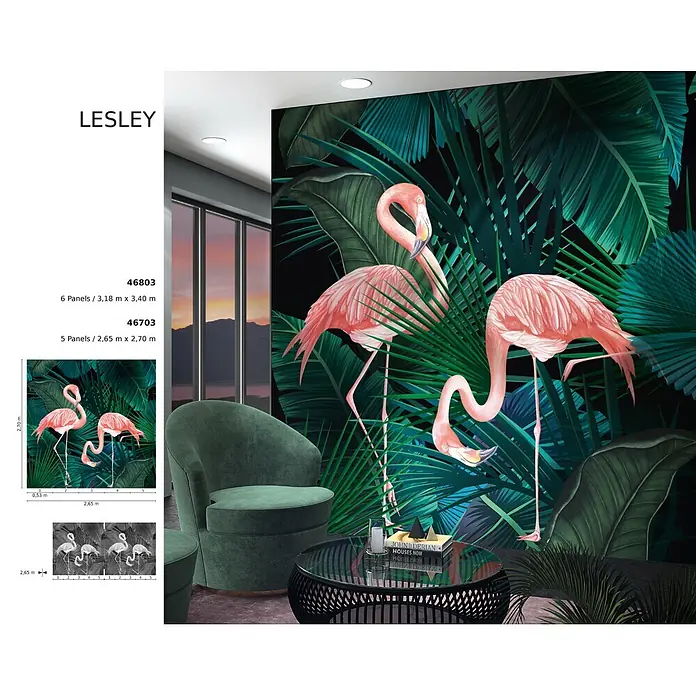 Marburg Smart Art Aspiration Fototapete Illustration VII - B x H: 318 x 340 cm, Vlies - Tropische Wandtapete mit rosa Flamingos und dunkelgrünen Blättern in einem Wohnzimmer.