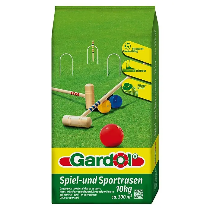 Gardol Rasensamen Spiel- & Sportrasen - 10 kg, 300 m² - Bild einer Packung Gardol Spiel- und Sportrasen, ideal für strapazierfähige Rasenflächen im Garten.